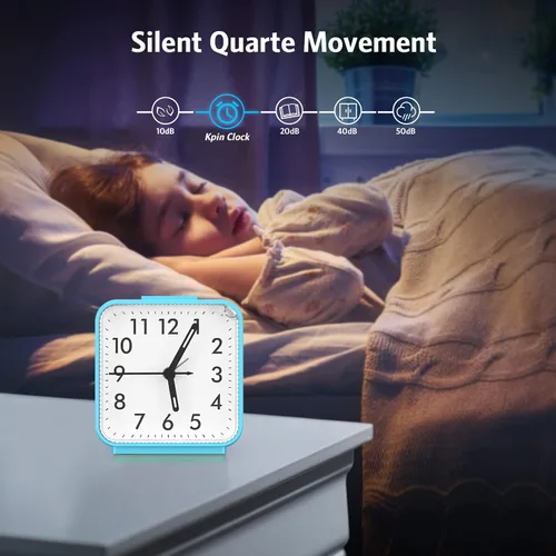 Vista 5 de AMIR Reloj Despertador Analógico, Reloj Pequeño Silencioso Sin Tic Tac, Reloj Despertador de Viaje con Función de Repetición y Luz, Sonidos