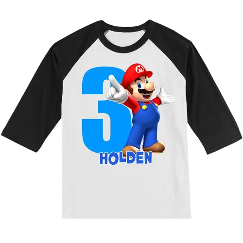 Vista 2 de Personalized Mario Super Birthday Shirt Handmade Decorated Shirt Personalized with Name and Age Unisex 3/4 Sleeve Raglan T-Shirt