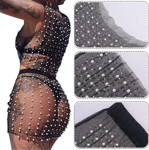 Vista 6 de Ypser Perla malla Rhinestone cubrir a través de verano playa mini vestido dos piezas perla vestido transparente