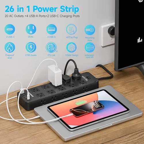Vista 2 de Regleta de alimentación con enchufe plano, protector contra sobretensiones con 20 tomas de corriente AC y 6 puertos USB, 1875 W/15 A, 2700 julios