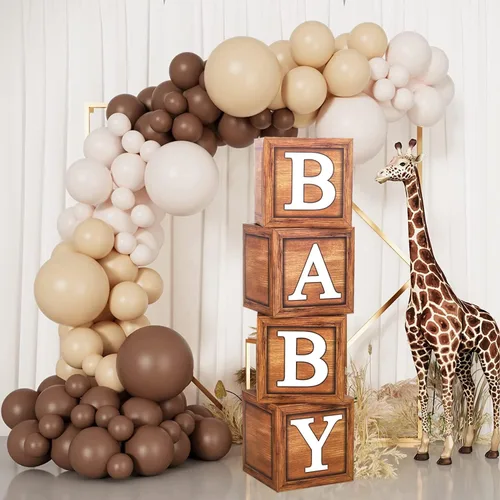 Vista 4 de Cajas de baby shower para decoraciones de cumpleaños – 4 cajas de globos de bebé de grano de madera marrón, cajas de bebé para decoración de centro