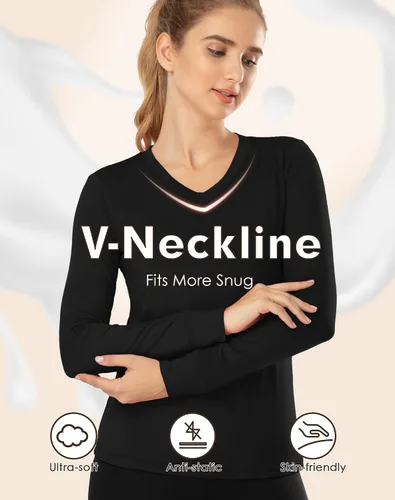 Vista 3 de MANCYFIT Conjunto de ropa interior térmica para mujer con forro polar ultra suave cuello en V