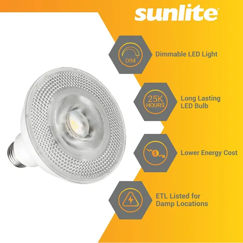 Vista 3 de Sunlite Bombilla LED PAR30 empotrable de cuello largo, 9 W, (ecualizador de 75 W), 850 lm, base E26 media, regulable, certificación ETL, ángulo