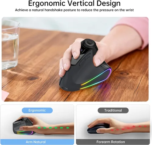 Vista 8 de Ratón inalámbrico ergonómico, mouse silencioso vertical Bluetooth con pantalla LED y control de perilla, recargable, 4800 DPI, desplazamiento