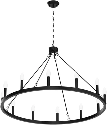 Vista 4 de Candelabro de Rueda de Carro Negro de 38 pulgadas, Candelabros de Rueda de Carro Estilo Granja de 12 Luces Redondo Industrial de Techo Rústico