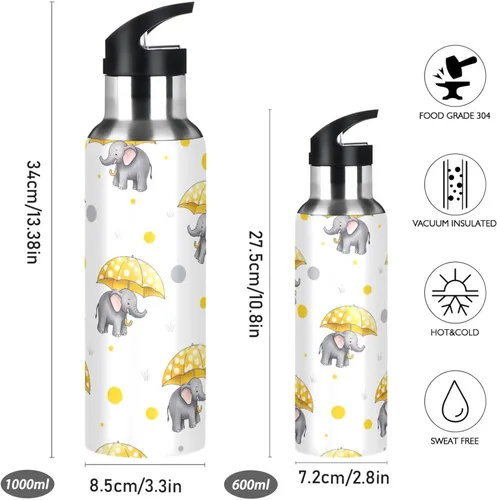 Vista 2 de Stainless Steel Water Bottle 20 Oz, BPA-Free Sports Water Bottle for Gym Outdoor Travel School, Cute Elephants Yellow Umbrellas