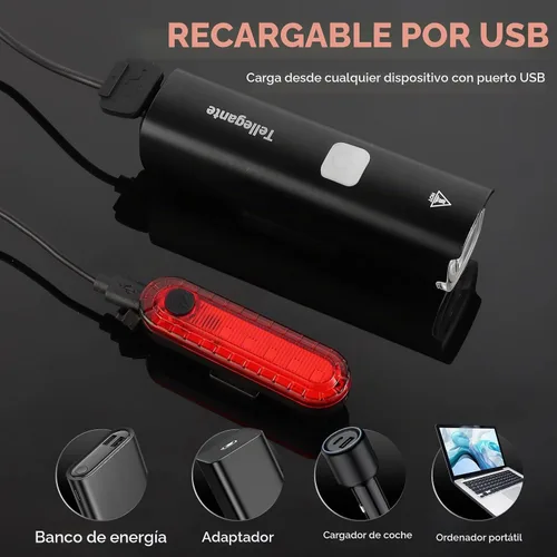 Vista 5 de Luces de bicicleta de 6000 mAh para conducción nocturna, luces brillantes de bicicleta de 1200 lúmenes, luces de bicicleta recargables USB