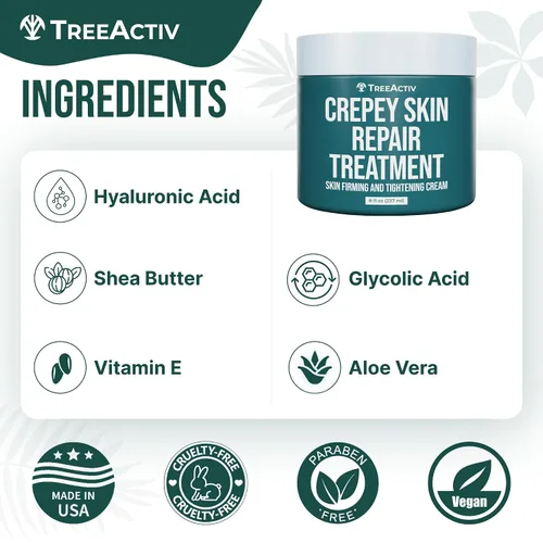 Vista 5 de TreeActiv Crepey Skin Repair Treatment, 8oz, crema reafirmante para cara y cuello, loción reafirmante y tensora de la piel con ácido hialurónico