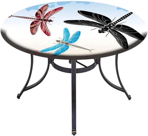 Vista 4 de Mantel redondo de vinilo ajustable, mantel de poliéster con estampado de libélula, libélulas exóticas volando en cielo nube, se ajusta a mesas