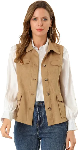 Vista 15 de Allegra K Chaleco de Gamuza Sintética Utilitario para Mujer con Botones sin Mangas con Bolsillo Cargo Verde militar