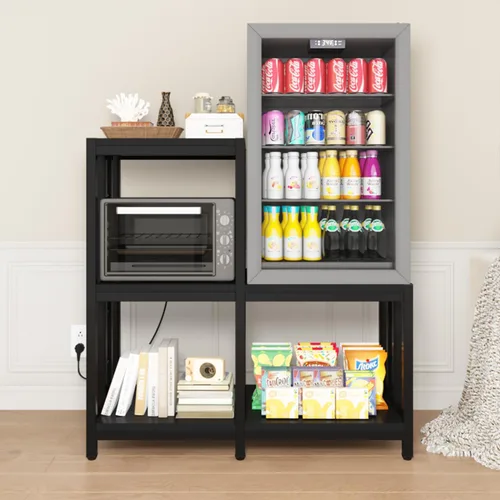 Vista 6 de Mini soporte para refrigerador con almacenamiento con toma de corriente, soporte para horno de microondas, estante para panaderos con estante