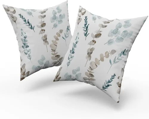 Vista 8 de Sweetshow Juego de 2 fundas de almohada decorativas de hojas azules marrones de 16 x 16 pulgadas, diseño de ramas de eucalipto, hojas florales