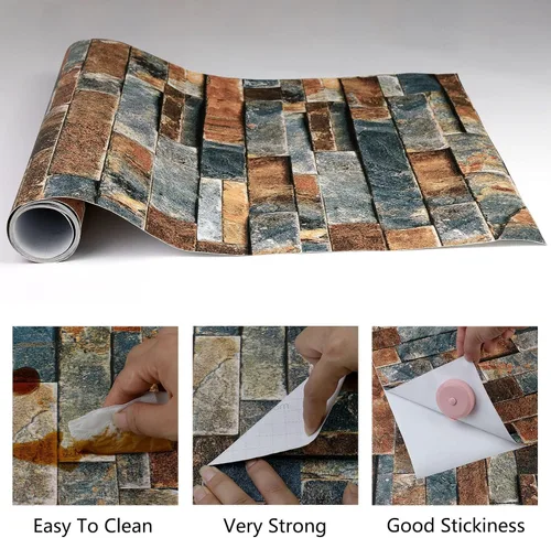 Vista 9 de CAX Papel tapiz de piedra para despegar y pegar, papel tapiz de piedra sintética de 17.5 x 80 pulgadas, papel de contacto de ladrillo autoadhesivo