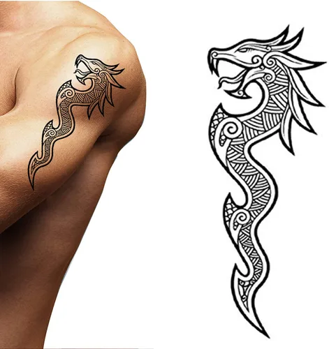 Vista 11 de 2 tatuajes temporales con hacha vikinga, dragón, nórdico, palo negro, tribal, bárbaro, celta, guerrero, en el cuerpo, pegatina de transferencia