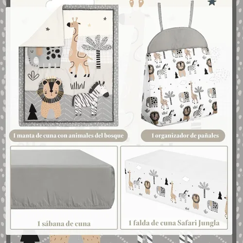 Vista 3 de Juego de ropa de cama de 4 piezas para cuna con animales del bosque, incluye falda de cuna de safari en la jungla, manta, sábana de cuna y apilador