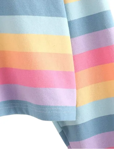 Vista 4 de Remidoo - Sudadera con manga larga para mujer, diseño de rayas, estilo crop top, cuello con botones a media altura, arcoíris