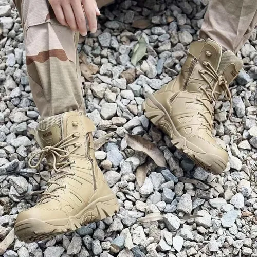 Vista 4 de Botas de trabajo tácticas militares para hombre, con cremallera lateral, ligeras, botas de combate para motocicleta, botas de combate para el Beige