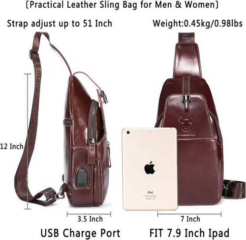 Vista 2 de BULLCAPTAIN Bolso bandolera de cuero genuino para hombre, mochila cruzada para senderismo, casual, bolsa de hombro con puerto de carga USB