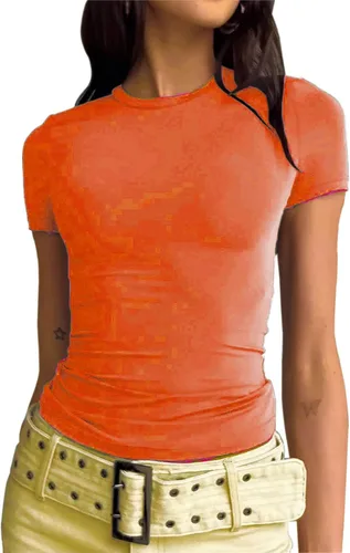 Vista 2 de Camisetas cortas básicas para mujer, estilo casual, para salir, a la moda, ajustadas, de manga corta, ajustadas, para adolescentes, niñas, lindas