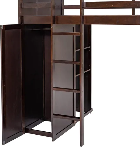 Vista 9 de Cama tipo loft de tamaño individual con armario, marco de cama de madera con plataforma independiente, estantes de almacenamiento y barandilla