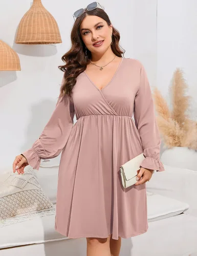 Vista 3 de ShopWonder Vestido de talla grande para mujer, con cuello en V, acampanado, largo hasta la rodilla, vestido de fiesta, minivestido de fiesta