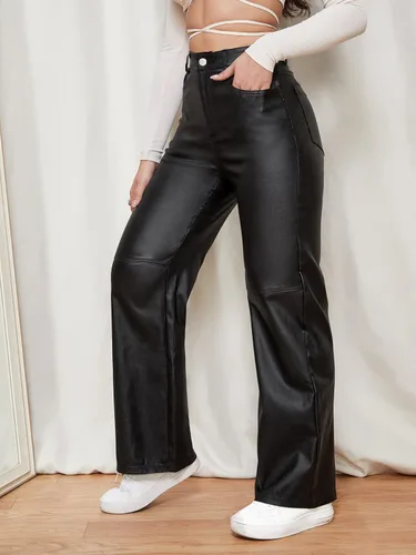Vista 4 de WDIRARA Pantalones largos con bolsillo inclinado y pierna recta, de alta elasticidad, con aspecto de cuero, para mujer