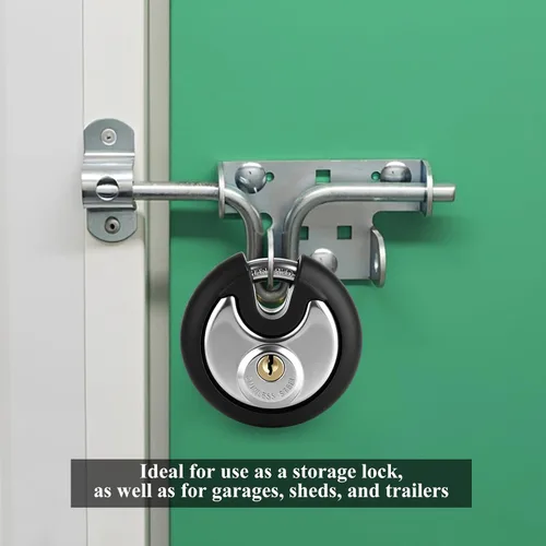 Vista 7 de 4 Pcs Disc Padlock 70 mm, Round Pad Lock with 8 Keys, Stainless Steel Body with Black Rubber Bumper, Storage Unit Use for Shed, Garage, Fence and