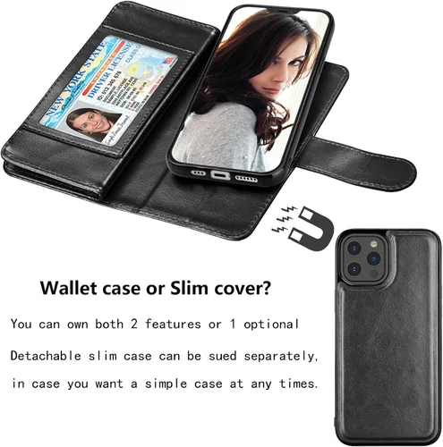 Vista 4 de NJJEX - Funda tipo cartera para iPhone 12 Pro Max, 9 ranuras para tarjetas, color negro Cuero sintético, soporte para tarjeta de crédito