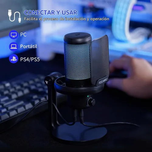 Vista 5 de FEELWORLD VM1 Micrófono USB para PC de juegos Micrófono condensador con cancelación de ruido, luz RGB silenciosa, accesorios para computadora