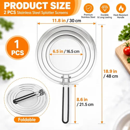 Vista 2 de Pantalla de salpicaduras de acero inoxidable para sartén Protector de Alfombrilla de enfriamiento para colador de alimentos con cubierta de mango