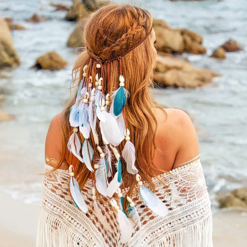 Vista 5 de Diadema de plumas bohemias, disfraz de gitano indio, tocados de concha azul, tocados hechos a mano, accesorios para el cabello de plumas