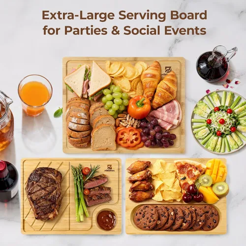 Vista 2 de Piklohas Juego de 4 tablas de cortar grandes de bambú para cocina, tabla de charcutería de bambú con soporte antideslizante, bandeja para servir