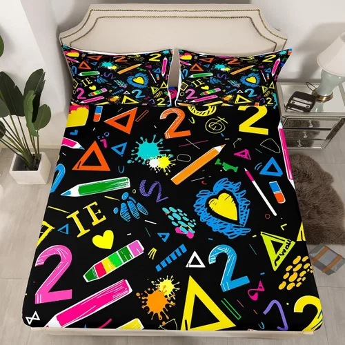 Vista 25 de Juego de ropa de cama ajustable con fórmula informática para niños y niños, diseño de geometría de acuarela, números, fórmula matemática, juego