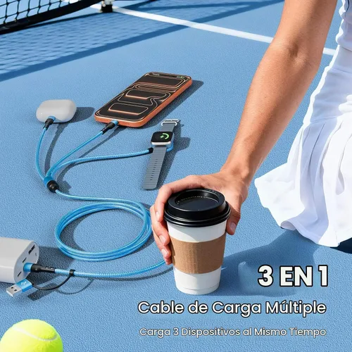 Vista 2 de Cruise Travel Essentials 2026, cable USB A/C 3 en 2 para iPhone 17, cargador iWatch, cable de carga múltiple trenzado, cable de carga múltiple