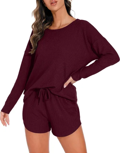 Vista 2 de PrinStory Conjunto de pijama para mujer, conjunto de 2 piezas de punto gofre, conjunto de ropa de descanso con bolsillos