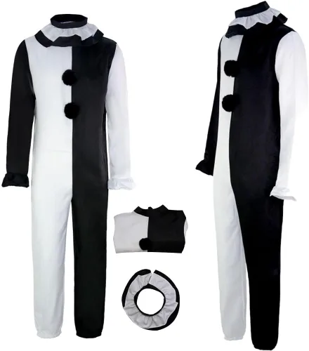 Vista 8 de ACEOROWO Terrifier - Disfraz de payaso negro y blanco, traje de asesino Terrifier para Halloween, con máscara