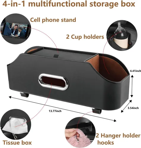 Vista 2 de Organizador de asiento trasero de automóvil con 2 portavasos para bebidas, soporte para pañuelos, ganchos para asiento de automóvil