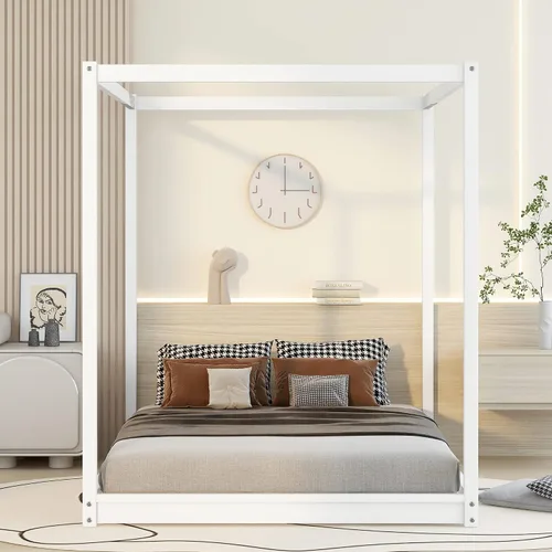Vista 4 de Harper & Bright Designs Cama Queen con dosel de madera con 4 paneles de póster, marco de cama Queen con soporte de listones de madera maciza, cama
