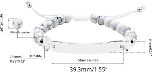 Vista 8 de Pulsera de identificación con nombre personalizado de 0.236 in, pulsera trenzada de piedra turquesa blanca para hombres, mujeres, mejores amigos