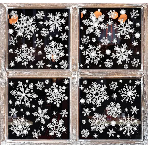 Vista 11 de 115 PCS Calcomanías Adhesivas de Copos de Nieve Navideños para Ventanas de Vidrio, Calcomanías de Navidad Decoraciones Navideñas de Copos de Nieve