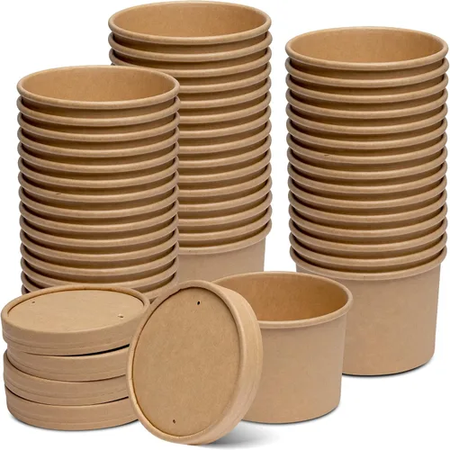 Vista 9 de GUSTO Recipientes de papel kraft de 8 onzas con tapas ventiladas. Tazones de sopa To Go Hot para llevar, tazas de helado desechables, ideales