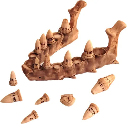 Vista 3 de Juego de dados de colmillo de dragón con soporte de mandíbula Juegos de fantasía de mesa DND (beige)