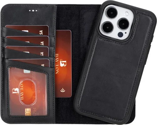 Vista 26 de Bayelon Funda tipo cartera para iPhone 15 Pro, cartera de cuero de grano completo, funda magnética desmontable, tarjetero, funda tipo cartera