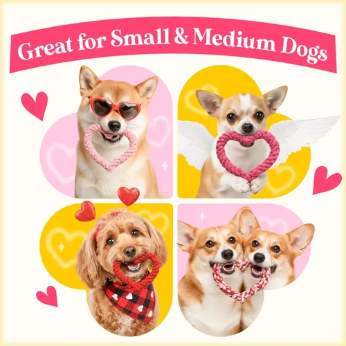 Vista 6 de Paquete de 5 juguetes de cuerda para perros con forma de corazón para masticadores agresivos, juego de juguetes duraderos de algodón para masticar