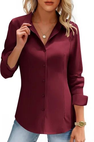 Vista 15 de HOTOUCH Camisas de mujer con botones de manga larga, camisa de vestir ajustada, blusas de trabajo, cuello, elegantes, casuales, de negocios