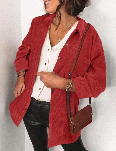Vista 2 de Saslax Camisa de pana para mujer, de manga larga, con botones, cuello en V, holgada, chaqueta