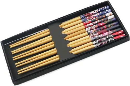 Vista 13 de Juego de 5 pares de palillos de bambú, reutilizables, estilo japonés, antideslizantes, juego de palillos clásicos de bambú natural, aptos