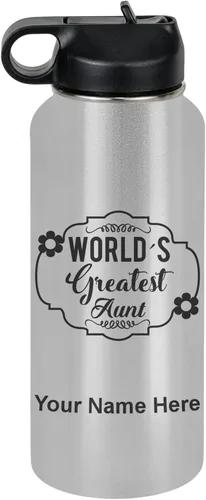 Vista 76 de LaserGram Botella de agua con tapa abatible de doble pared de 12 onzas con pajilla, la tía más grande del mundo, grabado personalizado incluido Negro