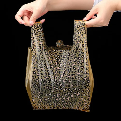 Vista 3 de Outus 50 bolsas de plástico con estampado de leopardo, estampado de guepardo, bolsas de regalo con doble impresión de leopardo, bolsa con asa