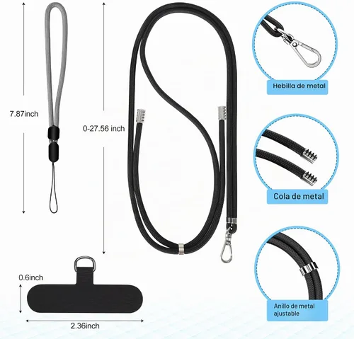 Vista 3 de Cordon para teléfono celular, cordon cruzado para teléfono con correa de cuello ajustable y paquete de 2 correas de muñeca para teléfono con parches